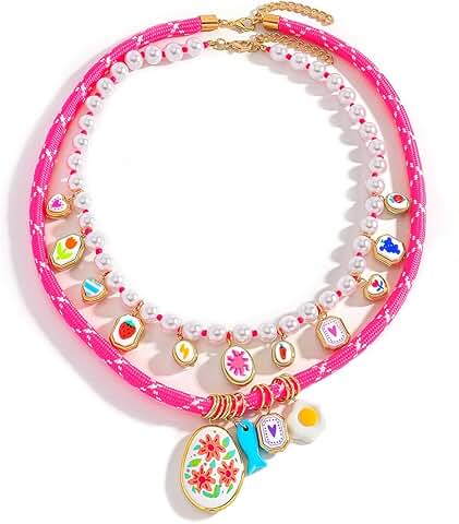 Double Layered Rope Necklace with Egg Flower Pendant