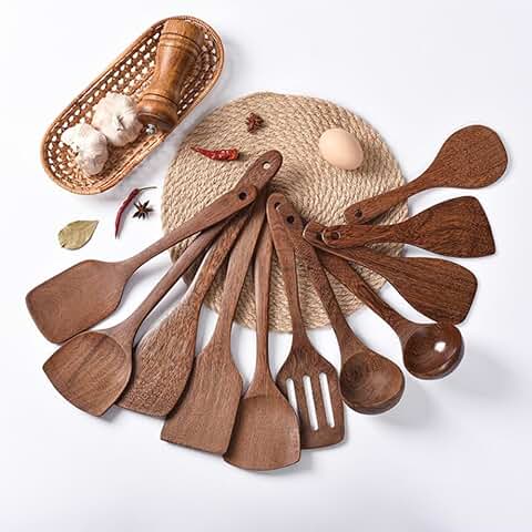 11-Piece Wooden Cooking Utensil Set for Non-Stick Pans