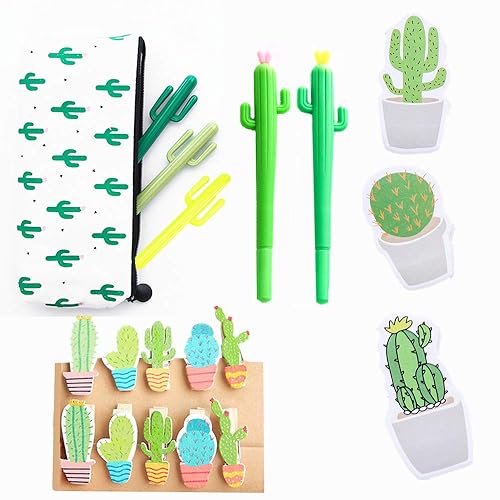 19 Cactus Ballpoint Pens with Pouch and Notes Stickers