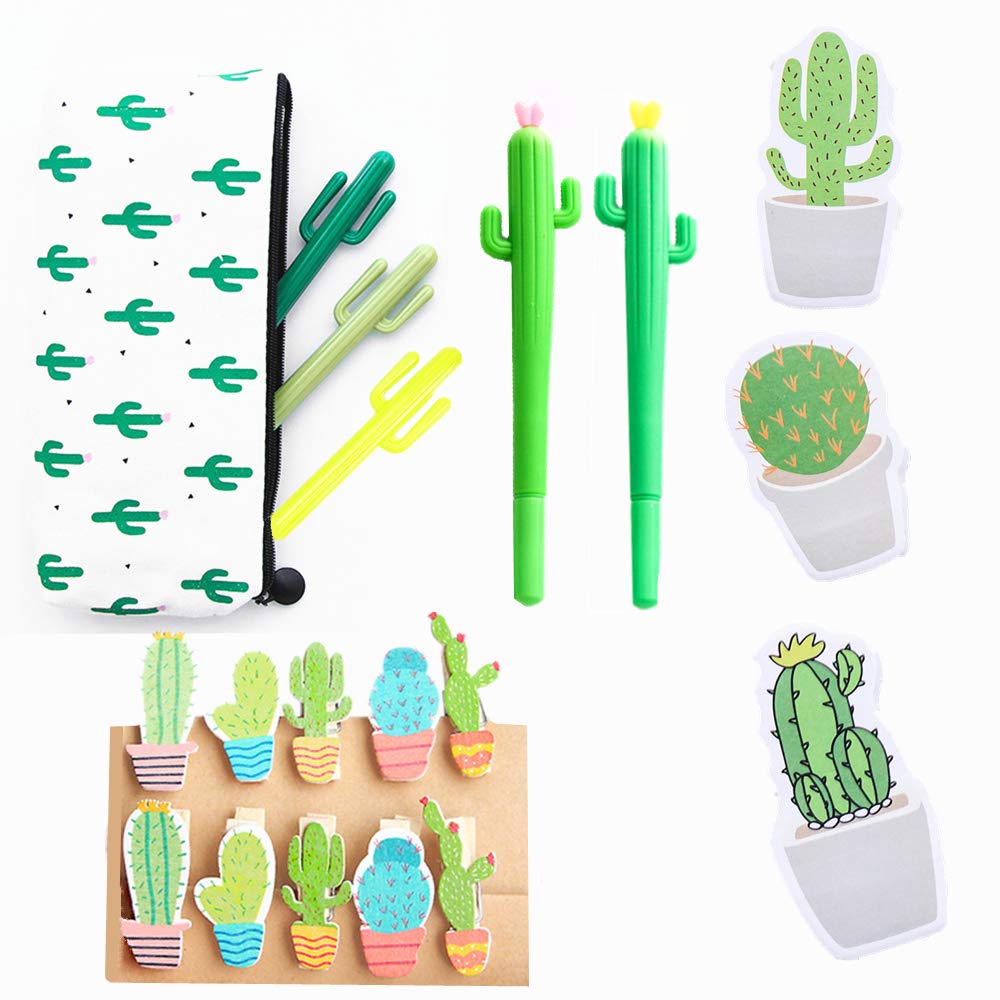 19 Cactus Ballpoint Pens with Pouch and Notes Stickers