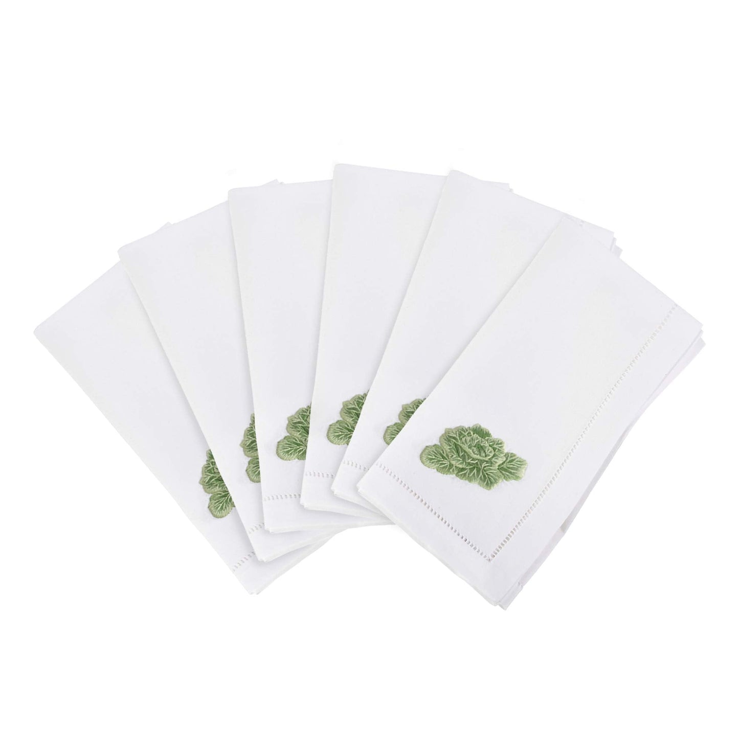 Embroidered Cabbage Square Hemstitched Border Cotton Napkin, Set of 6, 20" x 20", White