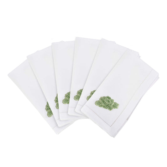 Embroidered Cabbage Square Hemstitched Border Cotton Napkin, Set of 6, 20" x 20", White