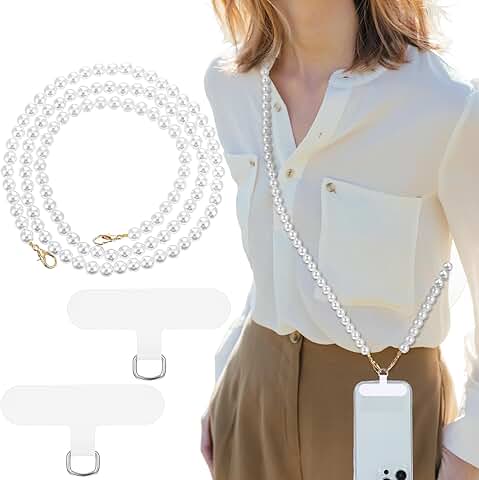 White Pearl Beaded Phone Lanyard with Detachable Strap