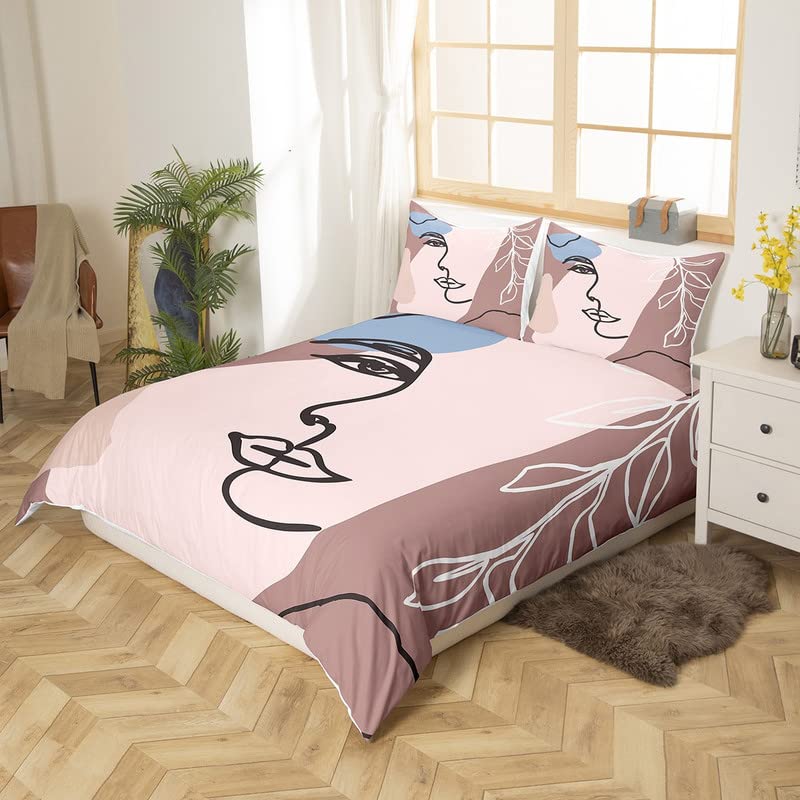 Abstract Woman Comforter Cover,Modern Boho Mid Century Duvet Cover Queen,Minimalist Art Aesthetic Quilt Cover Kids Boys Girl 3pcs Terracotta Geometric Face Bedding Set Bedroom Decor,Coffee Black Beige