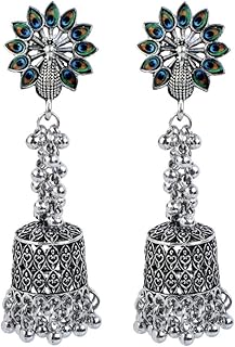Antique Boho Oxidized Indian Peacock Feather Earrings