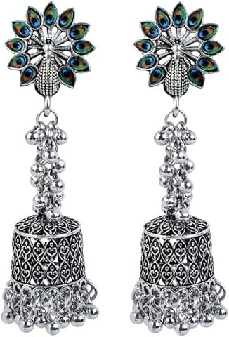Antique Boho Oxidized Indian Peacock Feather Earrings
