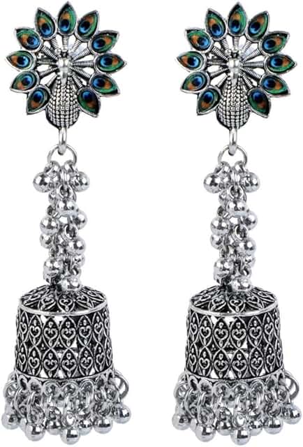 Antique Boho Oxidized Indian Peacock Feather Earrings