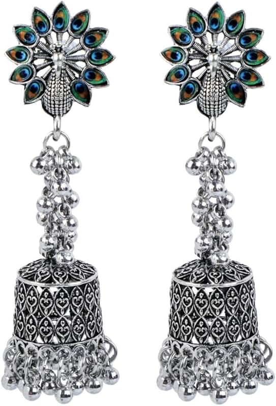 Antique Boho Oxidized Indian Peacock Feather Earrings