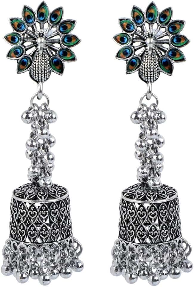 Antique Boho Oxidized Indian Peacock Feather Earrings