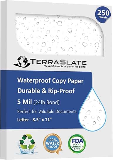 Waterproof Durable White Copy Paper, 8.5x11, 250 Sheets
