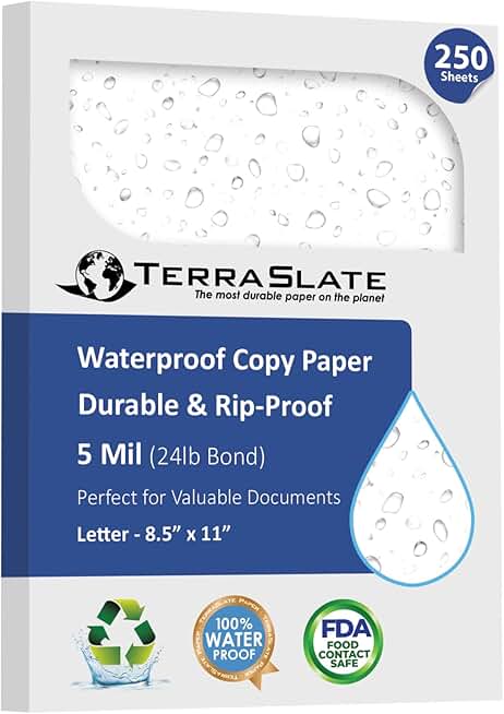 Waterproof Durable White Copy Paper, 8.5x11, 250 Sheets