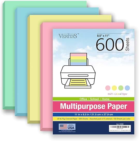 600 Sheets of Pastel Colored Copy Paper in 8.5 x 11 Size