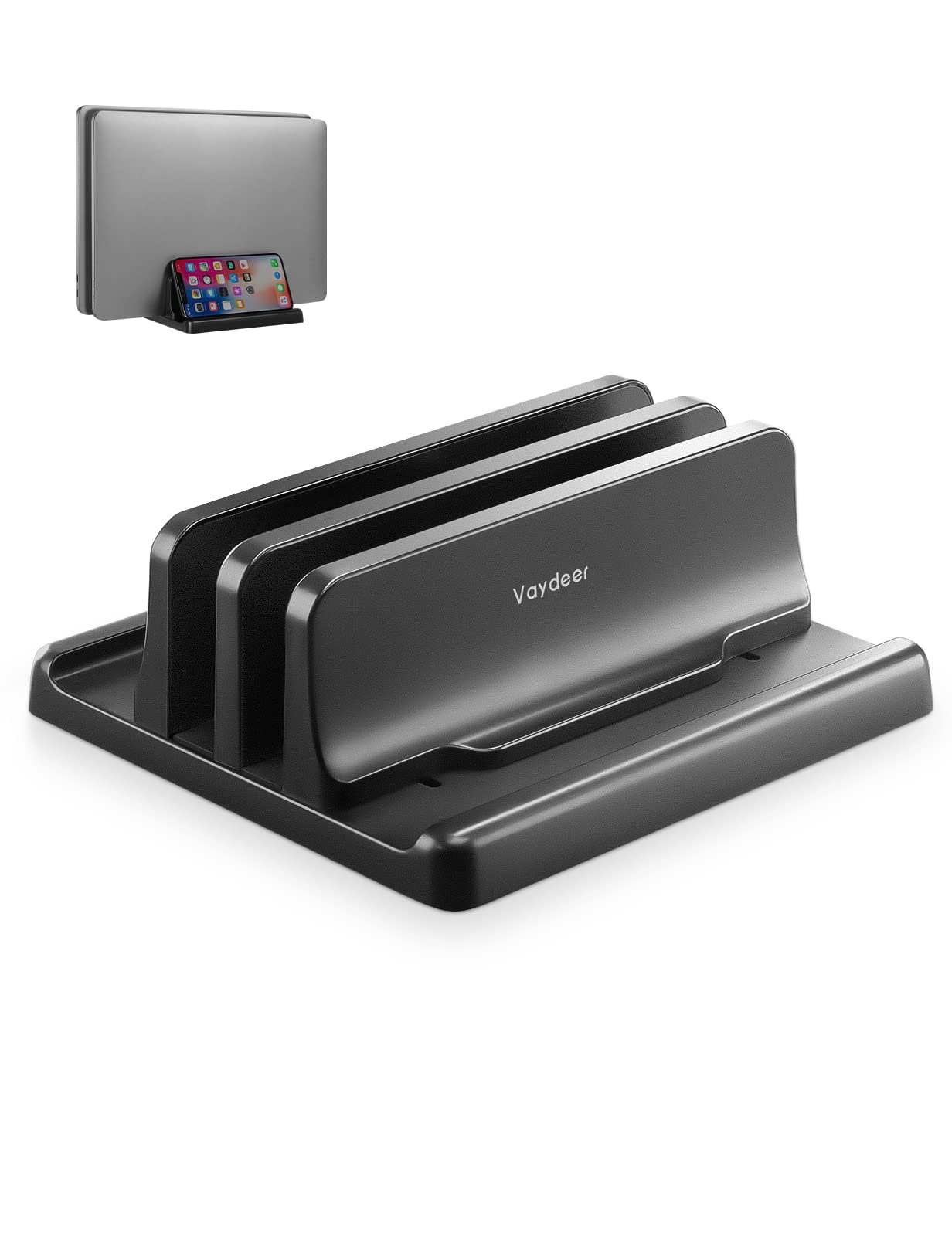 Plastic Dual-Slot Adjustable Vertical Laptop Stand 3 in 1 Design Space-Saving for All MacBook/Chromebook/Surface/Dell/iPad Up to 17.3 Inches - Black