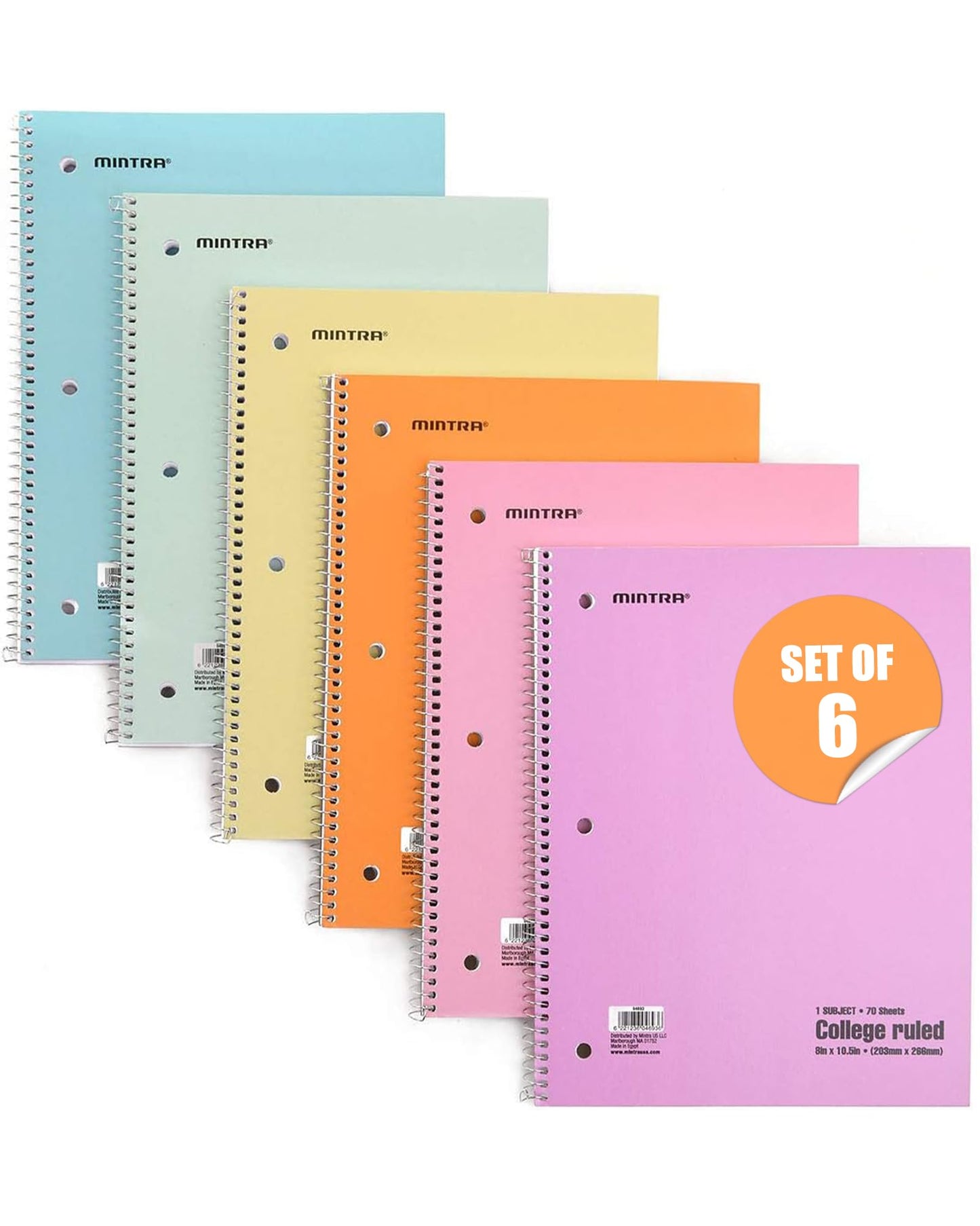 Set of 6 Pastel Cover Spiral Notebooks, 70 Sheets