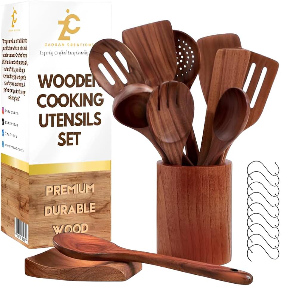 13-Piece Non-Toxic Wooden Cooking Utensil Set with Holder