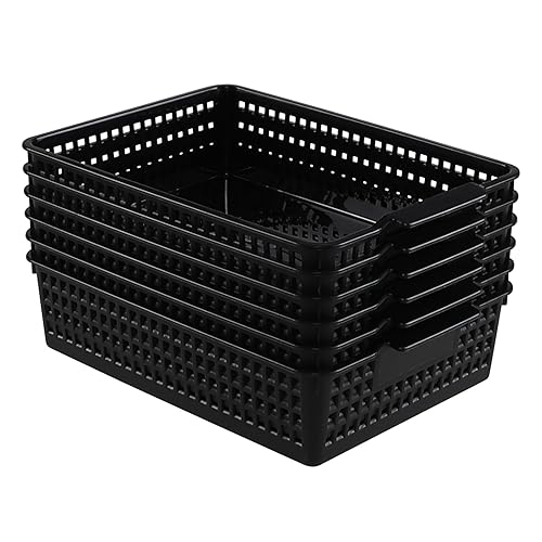 Six Black Plastic Paper Storage Baskets