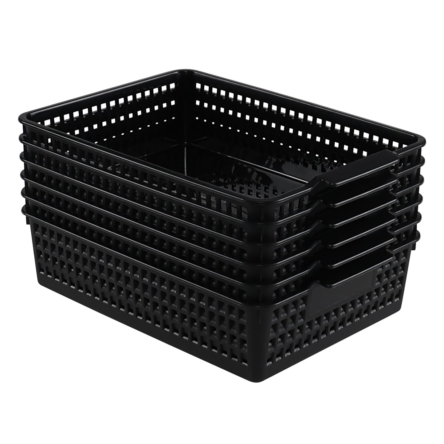 Six Black Plastic Paper Storage Baskets