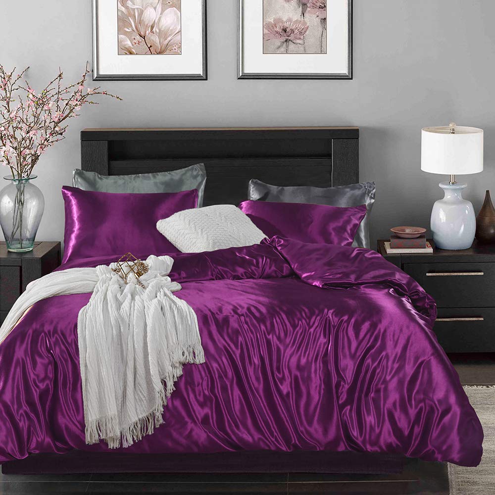 Hotel Purple Duvet Cover Full Silk Like Bedding Set Adult Reversible Quilt Comforter Cover Honeymoon Soft Lightweight Brushed Bedspreads for Farmhouse Room Decor