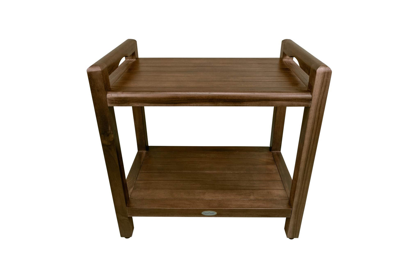 Eleganto Clic Shower Bench Natural Teak wood shower stool with liftAide Arms and shelf Wood Shower Bench in Woodland Brown Finish  20 inches width, 18 Seat Height