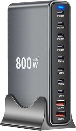 800W USB-C GaN Charger with 10 Ports for Multiple Devices