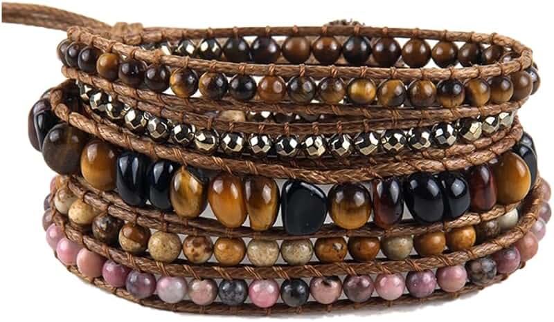 Handmade Bohemian Stone Beaded Leather Wrap Bracelet