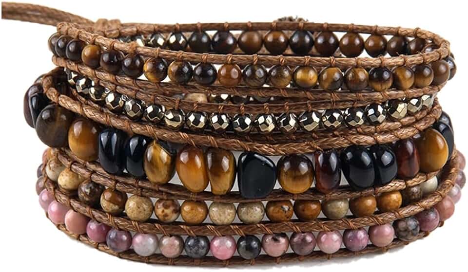 Handmade Bohemian Stone Beaded Leather Wrap Bracelet
