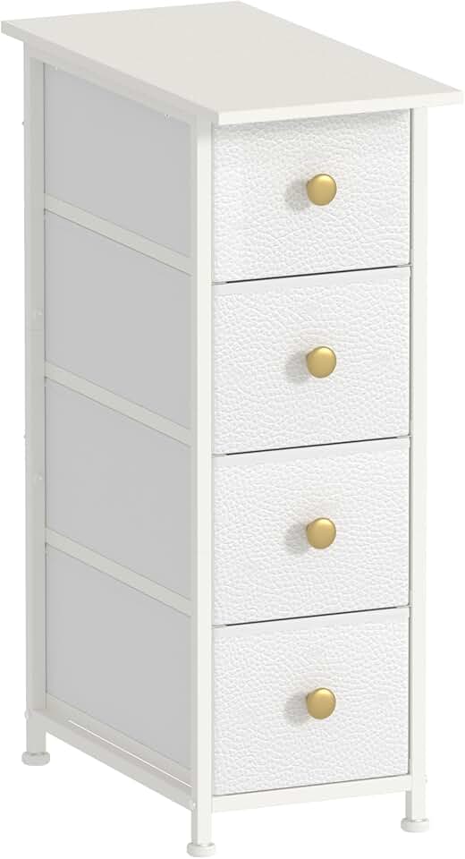 Slim vertical dresser with four fabric drawers