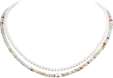 Colorful Beaded Necklace for Women, Layered Pearl Choker