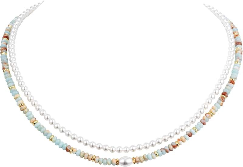 Colorful Beaded Necklace for Women, Layered Pearl Choker