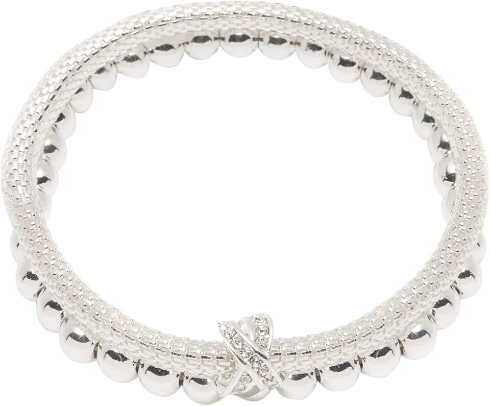 Women's Silver Tone Crystal Pave 2 Row Stretch Bracelet