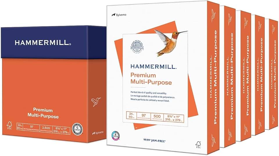 Premium 24 lb Multipurpose Printer Paper, 8.5 x 11, 5 Reams