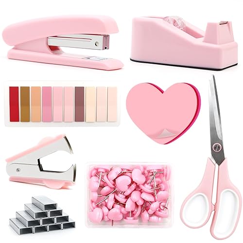 Pink stapler and tape dispenser set for office use