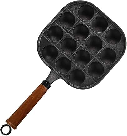 Cast Iron Takoyaki Pan with Wooden Handle, 14 Molds