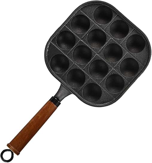 Cast Iron Takoyaki Pan with Wooden Handle, 14 Molds