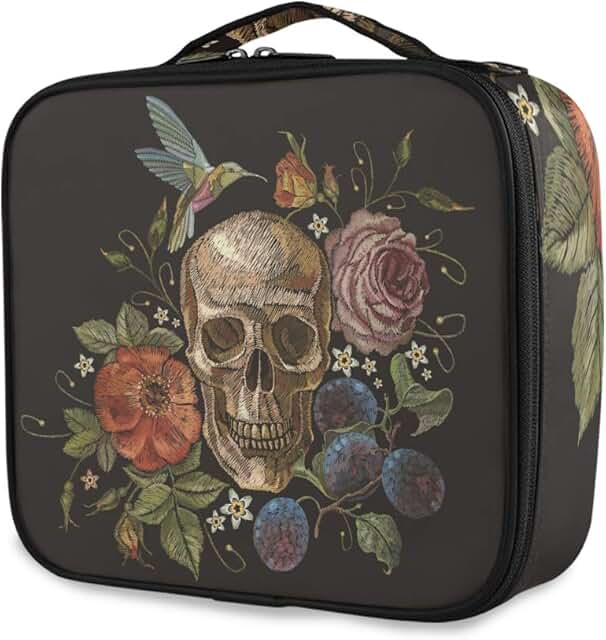 Travel Makeup Case with Skull and Rose Design