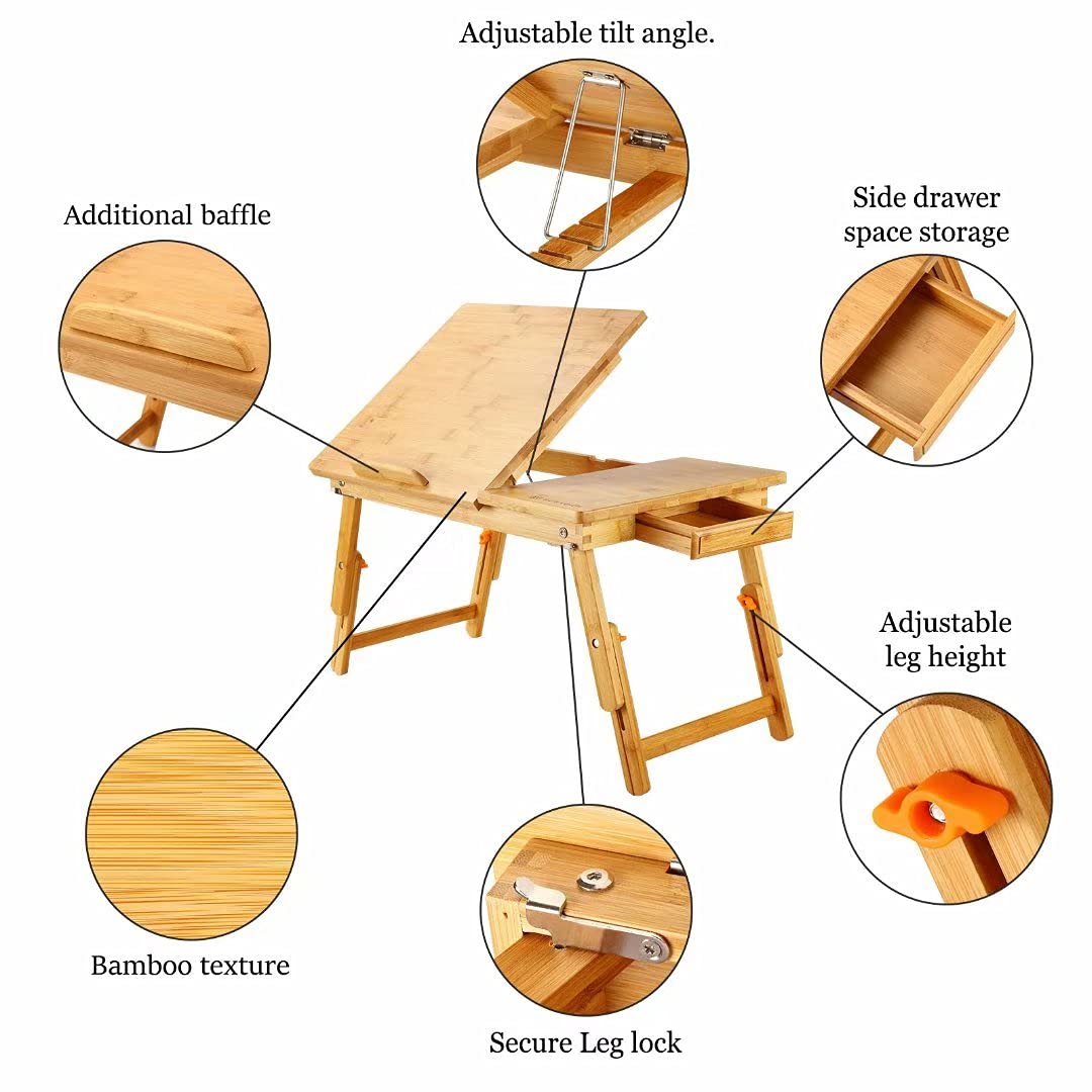 Laptop Desk Table Adjustable 100% Bamboo Foldable Breakfast Serving Bed Tray w' Tilting Top Drawer