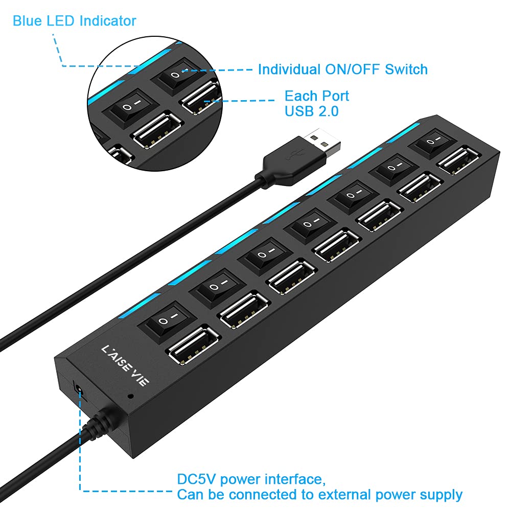 Multi Port USB Splitter, 7 Port USB 2.0 Hub, USB A Port Data Hub with Independent On/Off Switch and LED Indicators, Lights for Laptop, PC, Computer, Mobile HDD, Flash Drive and More (Black 2.0)