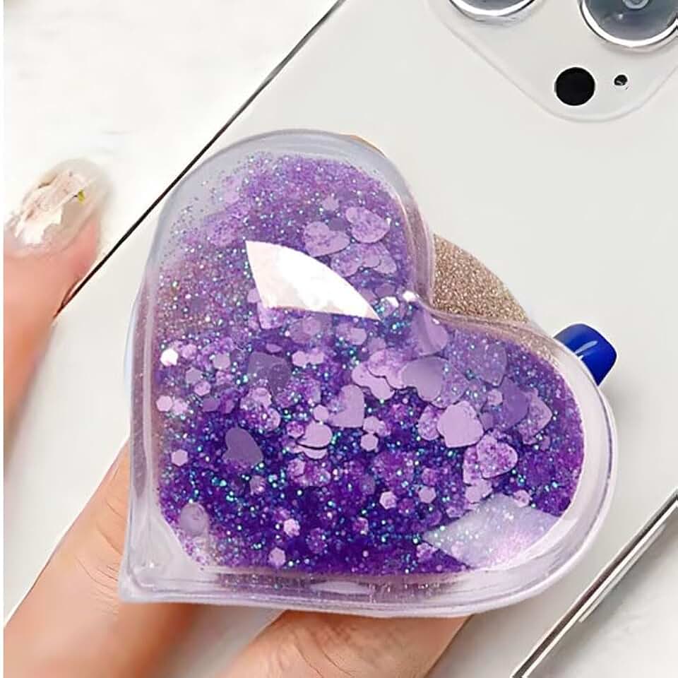 Cute Heart-Shaped Expanding Phone Grip in Purple Quicksand Glitter