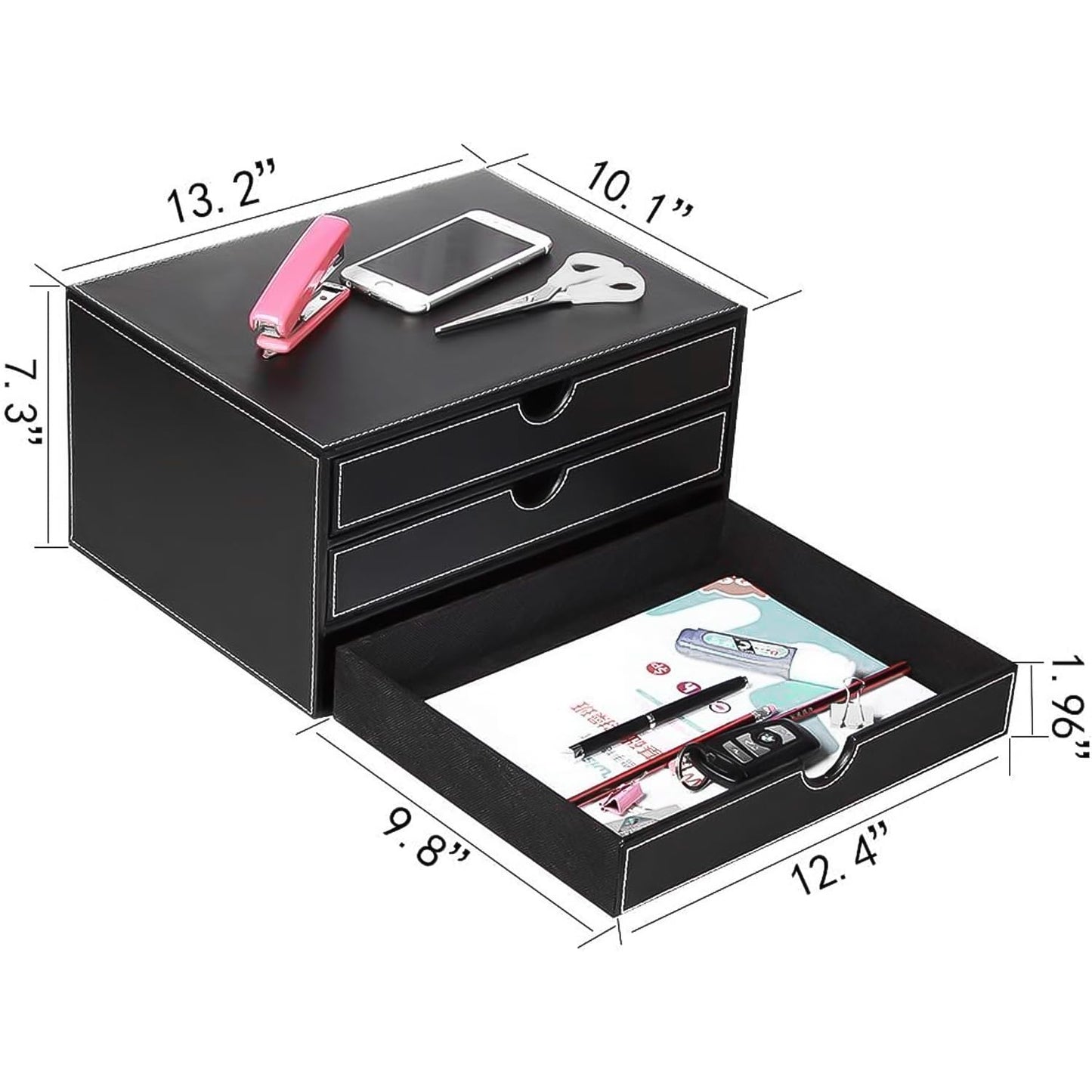 Leather desk organizer with 3 drawers for office and home storage