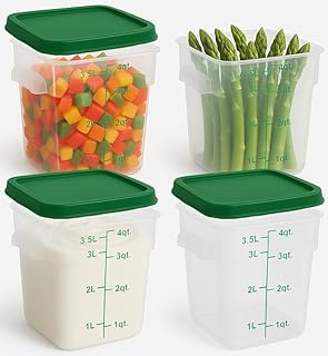 Set of four translucent square food storage containers with green lids