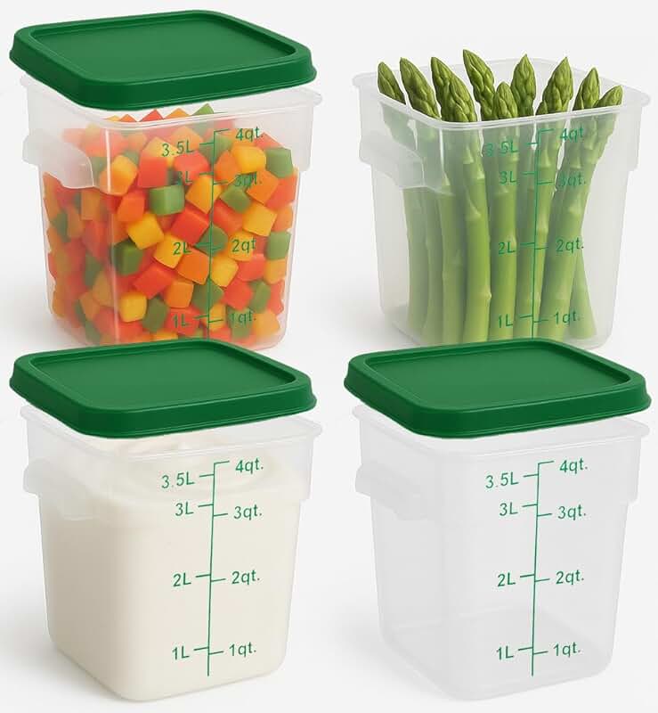 Set of four translucent square food storage containers with green lids