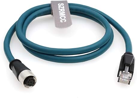 M12 to RJ45 Ethernet Cable, 5m, Waterproof, Cat 6A
