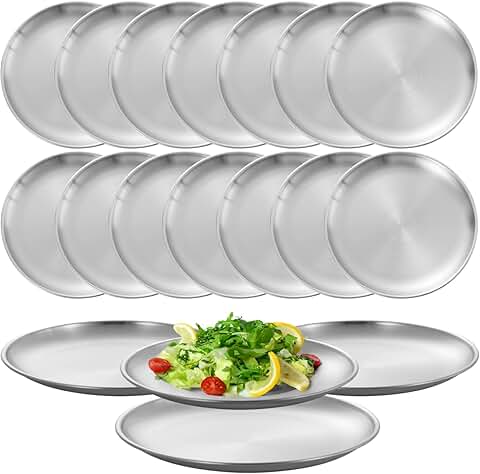 Set of 16 stainless steel dinner plates, 9-inch round serving dishes