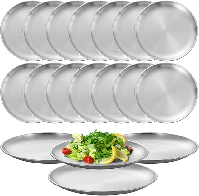 Set of 16 stainless steel dinner plates, 9-inch round serving dishes