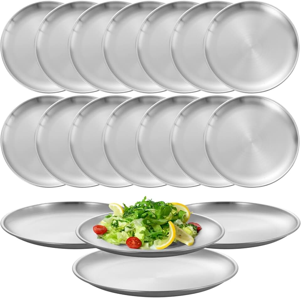 Set of 16 stainless steel dinner plates, 9-inch round serving dishes