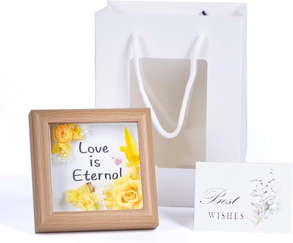 Yellow preserved rose gift with greeting card and frame