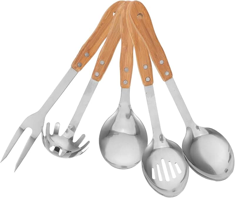 Set of 5 stainless steel kitchen utensils for cooking and serving