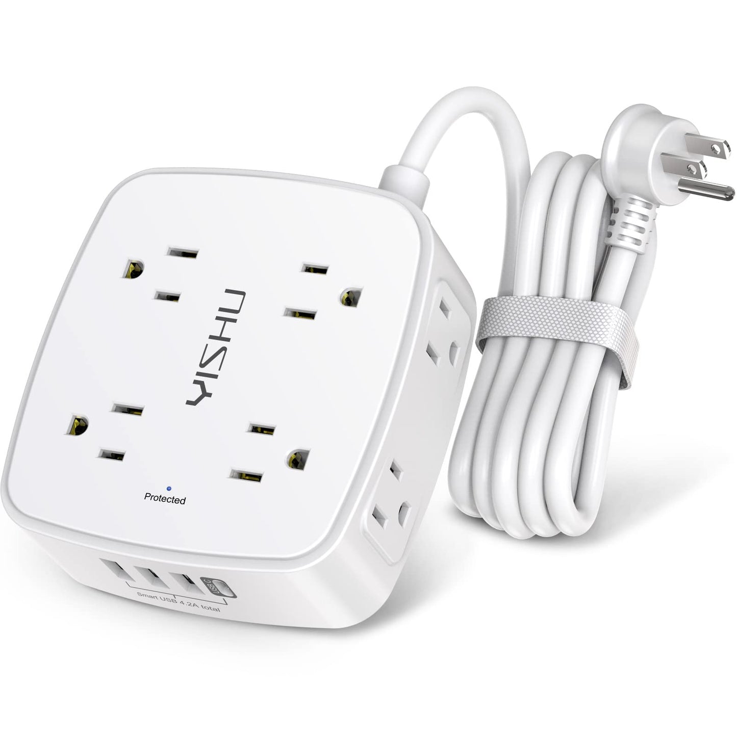 6 Ft Surge Protector Power Strip - 8 Widely Outlets with 4 USB Ports, 3 Side Outlet Extender with 6 Feet Extension Cord, Flat Plug, Wall Mount, Desk USB Charging Station, ETL ,White