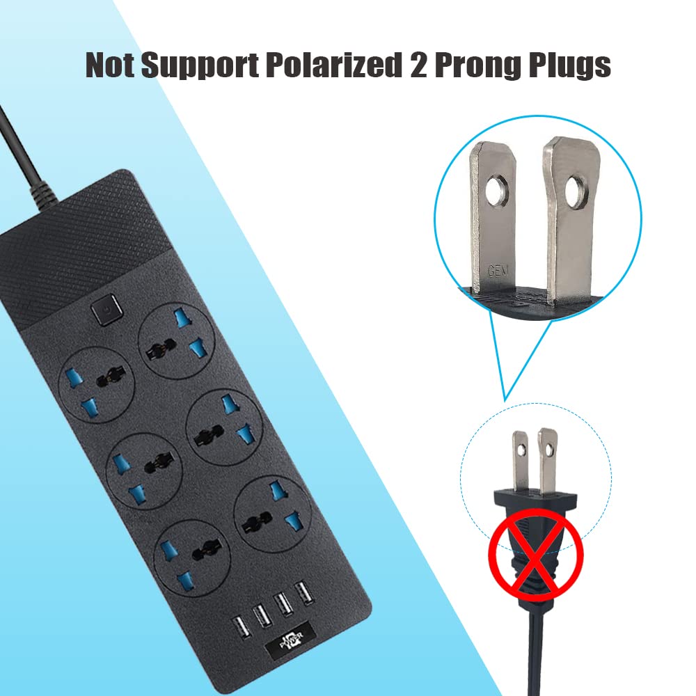 Power Strip with USB Ports, 6 Feet Extension Cord with 6 Wide Spaced Outlets, 110-240v, 3000w Universal Power Strip Wall Mount Outlets Extender Cruise Power Strip for Travel Home Office, Black