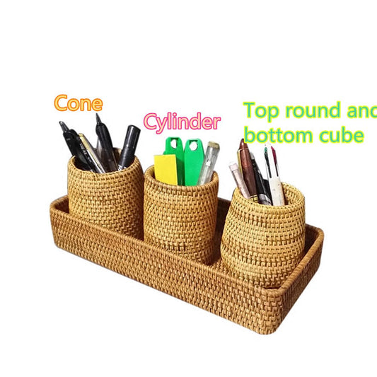 Brown Rattan Desk Organizer and Pen Holder